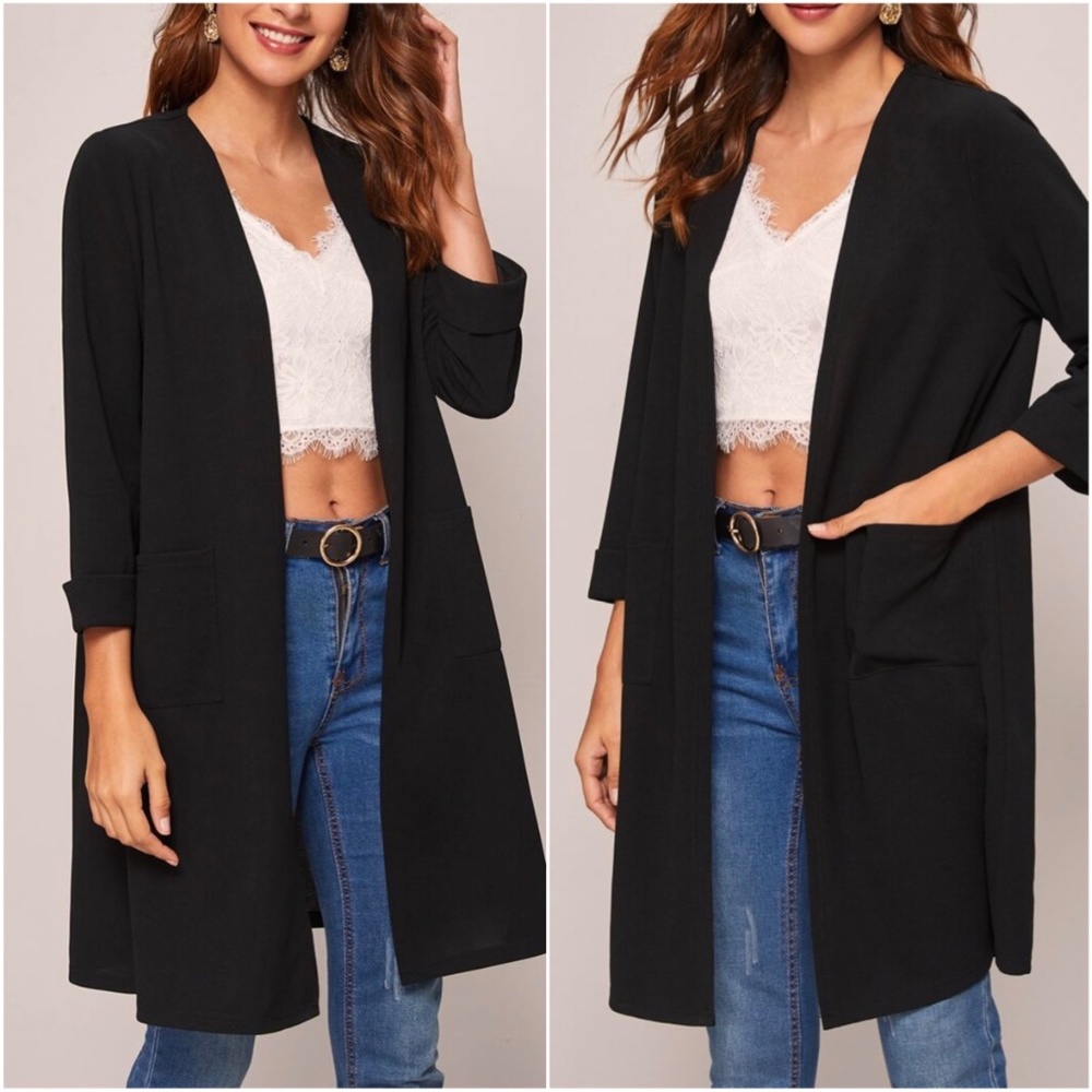 Classic Black Open Front 3/4 Sleeve Light Jacket Coat - Picture 1 of 2